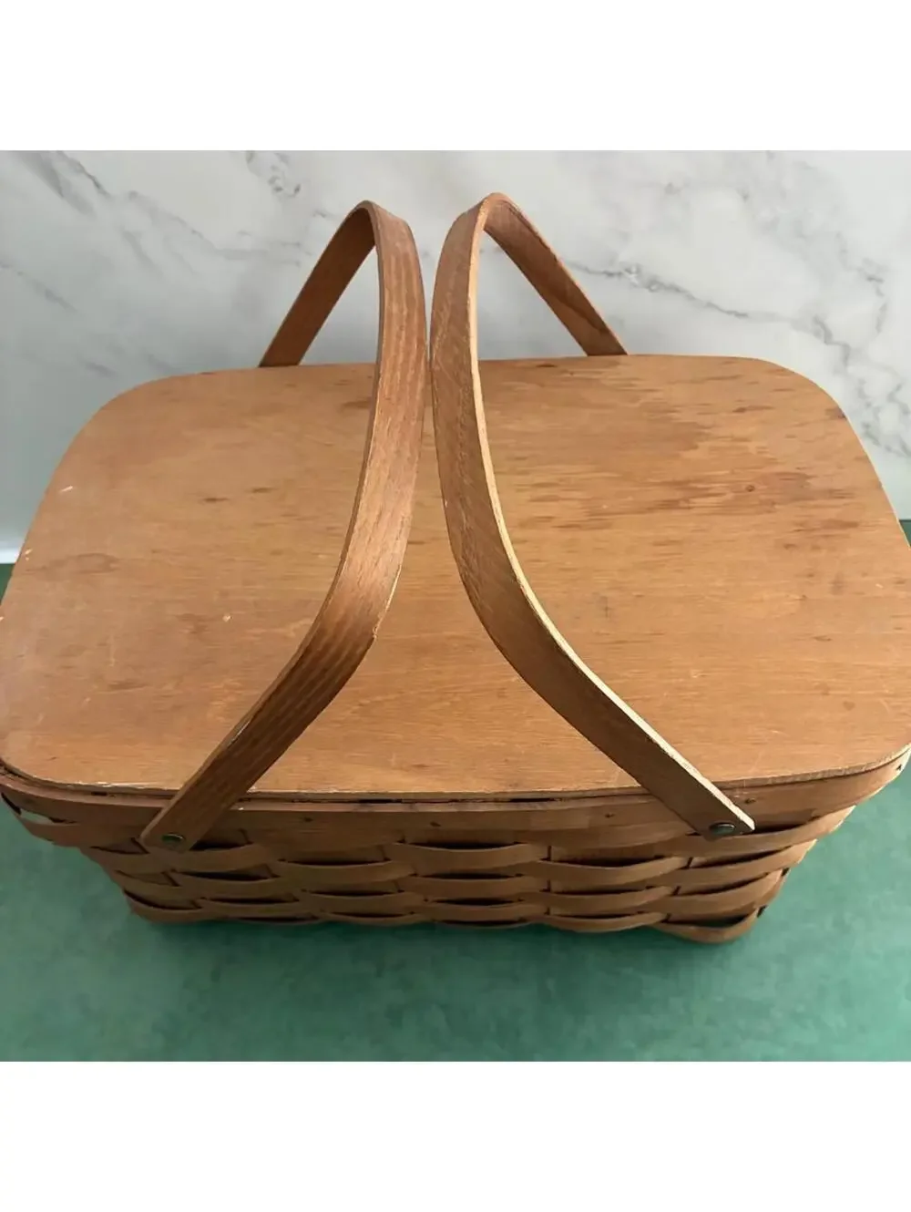 Vintage Basketville Putney Vermont Woven Wood Splint Picnic Basket With Lid